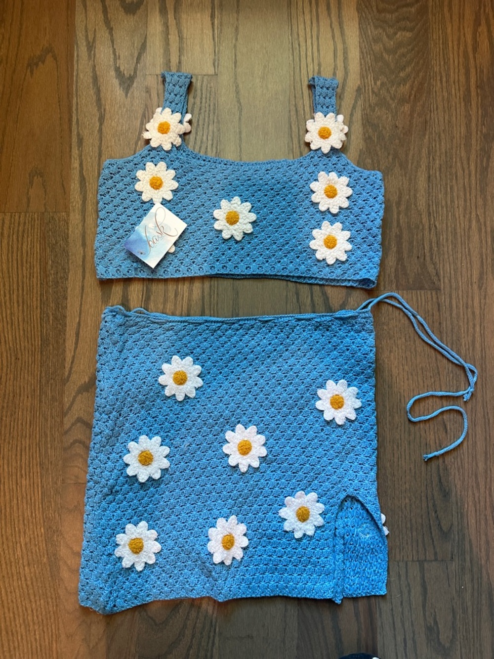 Daisy Crochet Two-Piece Skirt Set - Blue